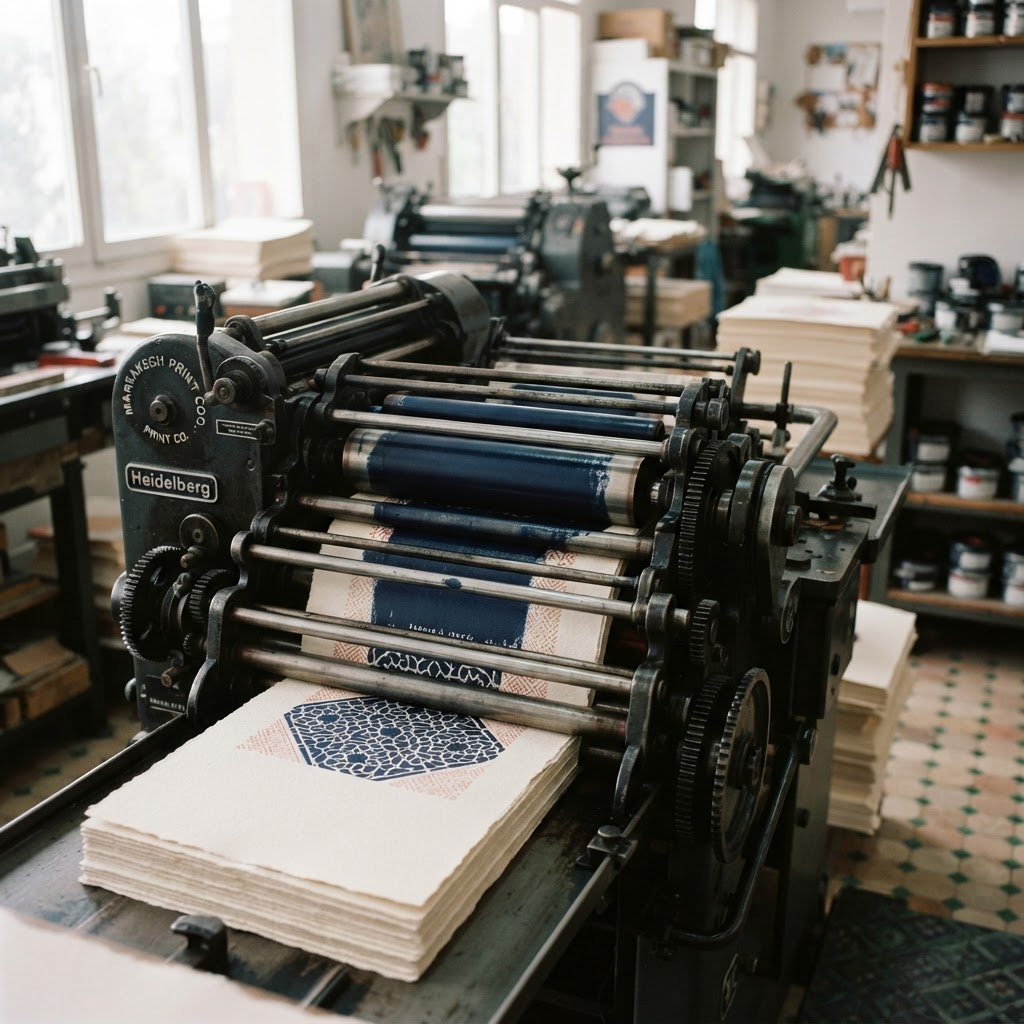 Presse d'impression professionnelle avec feuilles de papier imprimées